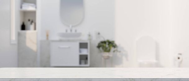 Marmorweiße Arbeitsplatte zur Montage Ihrer Produktpräsentation über elegantes weißes Badinterieur im Hintergrund. 3D-Darstellung, 3D-Illustration - Foto, Bild