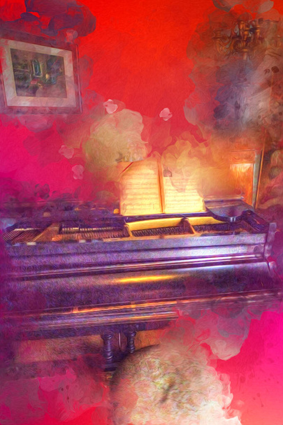 negro piano de cola en blanco clásico habitación, interior, viejo, medieval historia antigua ilustración de arte retro vintage antiguo boceto - Foto, Imagen