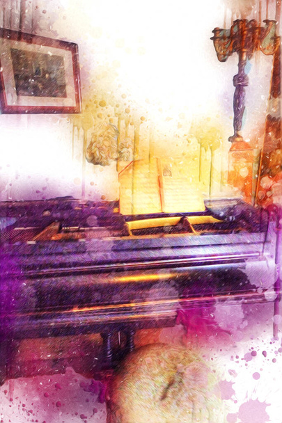 černý klavír v bílé klasické místnosti, interiér, starý, středověké staré historie umění ilustrace retro vintage starožitný skica - Fotografie, Obrázek