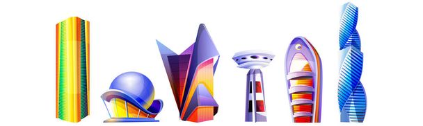 Edificios futuristas de dibujos animados formas inusuales con fachada de vidrio - Vector, imagen