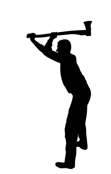 Lumberjack with ax vector silhouette illustration isolated on white background. Woodpecker on duty. Logger worker. Lumberman in action. Woodcutter man hold axe. Forester worker. hatchet wood work. - Вектор,изображение