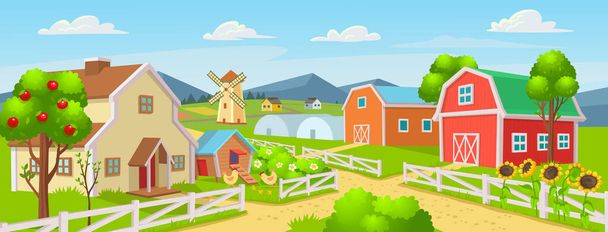 Панорама фермы с теплицей, курятником, сараем, домами, мельницами, полями, деревьями. Векторная иллюстрация в стиле мультфильма.   - Вектор,изображение