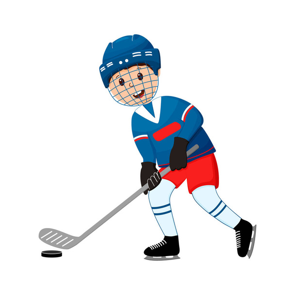 Junge in Uniform - Hockeyspieler, der mit Stock und Puck spielt. Vektorillustration isoliert, Cartoon-Stil - Vektor, Bild