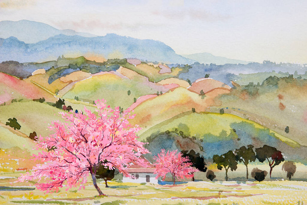 Akwarela krajobraz malarstwo jesień sezon kolorowe naturalne piękno górskie różowe drzewo i ogród z gospodarstwem, niebo chmury tło w przyrodzie. Malowany impresjonista, ilustracja obrazu - Zdjęcie, obraz