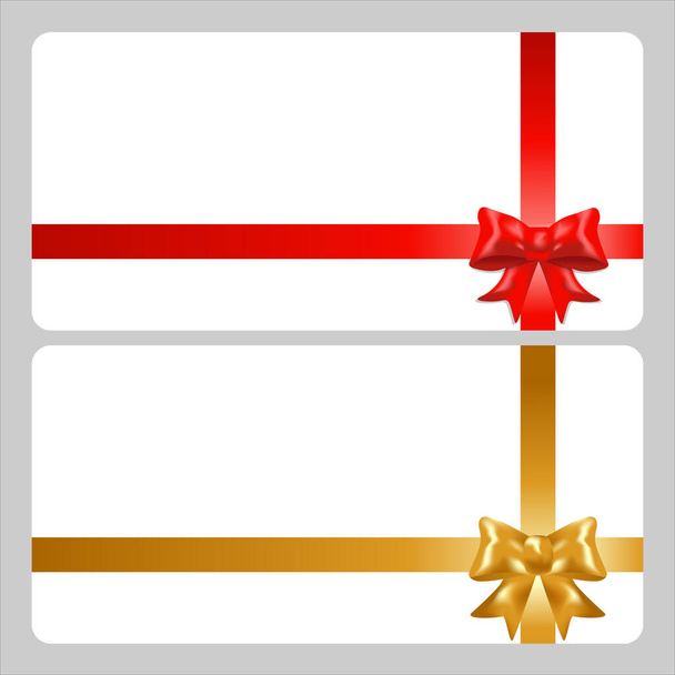 Set of two gift cards, white and red card with red and gold bow and ribbon.Vector template for invitation, credit or discount card design. - ベクター画像