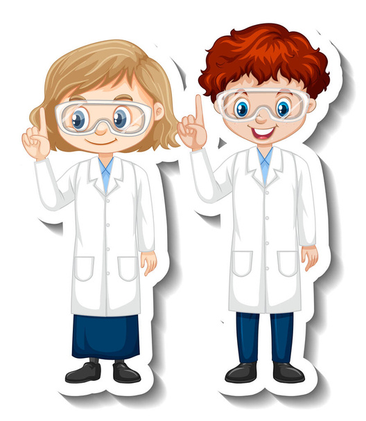 Cartoon-Charakter-Aufkleber mit paar Wissenschaftlern im wissenschaftlichen Kleid Illustration - Vektor, Bild
