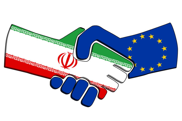 Hullámos zászlókkal rendelkező országok kézfogása. Az Irán és az Európai Unió üzleti partnerségi kapcsolatának koncepciója. Kereskedelmi együttműködés, politikai kapcsolatok barátság és béke. illusztráció - Fotó, kép