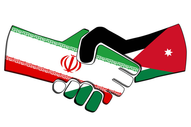 Hullámos zászlókkal rendelkező országok kézfogása. Az Irán és Jordánia közötti üzleti partnerségi kapcsolat koncepciója. Kereskedelmi együttműködés, politikai kapcsolatok barátság és béke. illusztráció - Fotó, kép