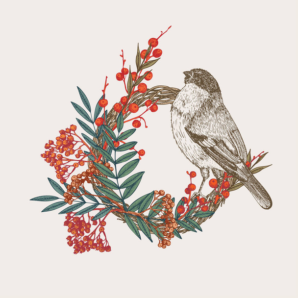 Kézzel rajzolt vázlat őszi virágos koszorú madár, szeder, ágak, levelek gravírozás stílusban. Vintage ajtó dekoráció Esküvői grafikus keret Helló, ősz. Hálaadás retro vektor - Vektor, kép