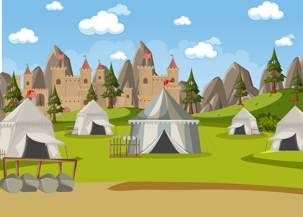 Campo medieval militar com tendas e ilustração do castelo - Vetor, Imagem