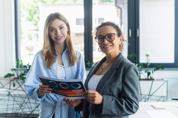 Happy multiethnic businesswomen holding paper and looking at camera in office  - Fotografie, Obrázek