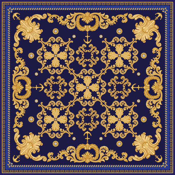 Modieus gouden kettingpatroon, barokke rollen, zeeankers, Pearl shell print op een donkerblauwe achtergrond. Sjaal, bandana, halsdoek, zakdoek, zijde textiel patch, tapijt - Vector, afbeelding