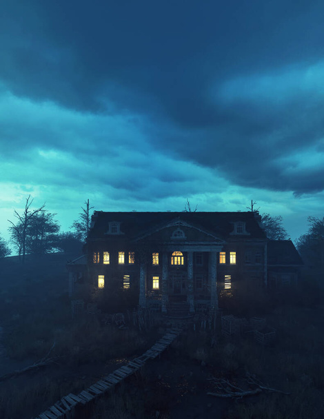 Ominously dilapidated and abandoned mansion with illuminated interior lighting at dusk under a cloudy sky. 3D rendering. - Photo, Image
