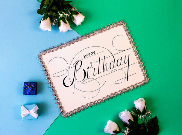 postcard , Internet banner , flat lay with a birthday greeting, with the inscription - happy birthday - 写真・画像