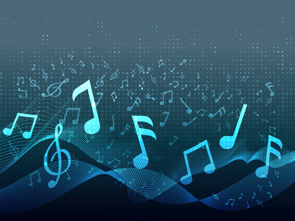 Abstract Wavy Halftone Effect Background With Blue Music Notes. - Διάνυσμα, εικόνα