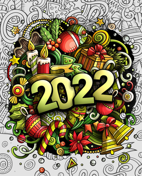 2022 ζωγραφισμένα στο χέρι doodles εικόνα. Αντικείμενα της Πρωτοχρονιάς και σχεδιασμός αφίσας στοιχείων. Δημιουργικές διακοπές κινουμένων σχεδίων φόντο τέχνης. Πολύχρωμο σχέδιο ράστερ - Φωτογραφία, εικόνα