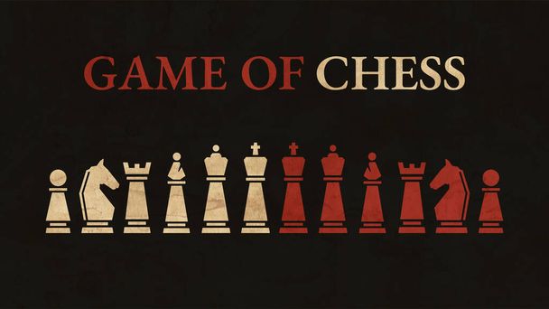 Игра в шахматы. Шахматы со всеми фигурами на черном фоне в формате 16: 9 с текстовой типографикой. Белые и красные части. Предыстория битвы эпох. - Фото, изображение