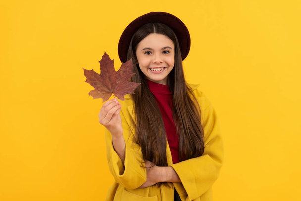 childhood happiness. natural beauty. fall season fashion. teen girl in hat hold autumn leaf - Photo, Image