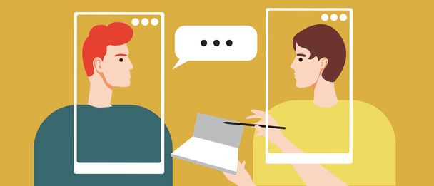 Online psychotherapy, patient in consultation. Flat vector stock illustration. Online psychotherapy. Psychological problems. Online psychologist consultation. Psychologist and patient - Vector, Image