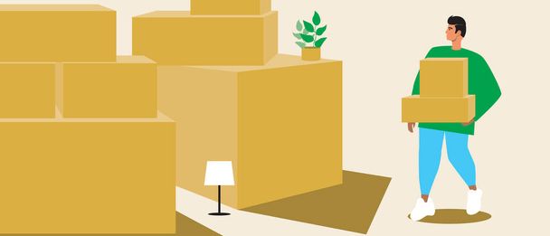 Packing goods for moving, copy space template. Flat vector stock illustration. A lonely man's apartment move. Unpacking goods. Container boxes. Overlay illustration - Vector, Image