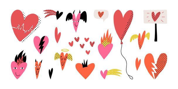 Valentines Day pop art set. Various hearts, balloon, broken, demons and angel with wings, tiny, comet, in fire, like. - Vector, Image