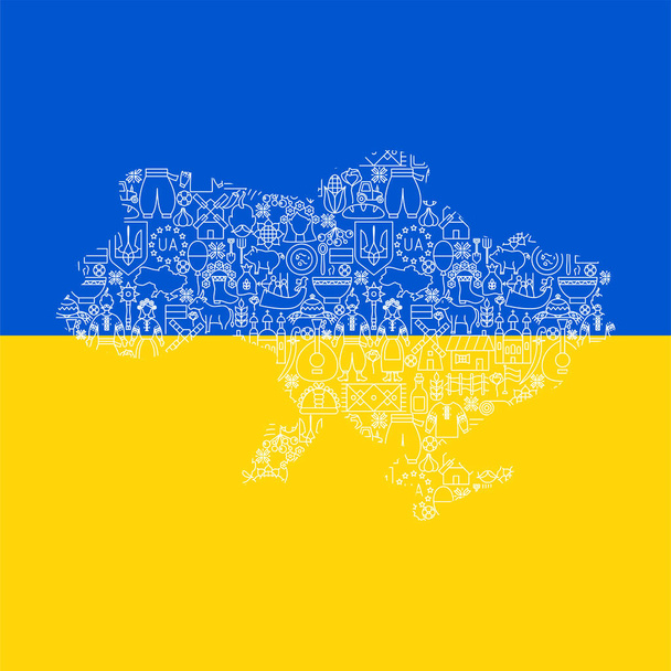 Ukraine Country Flag Map. Vector Thin Outline National Symbols. - Vector, Image
