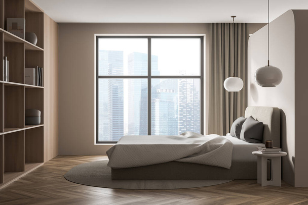 Light bedroom interior with sleeping bed and coffee table with books, parquet floor, panoramic square window with curtains. Moscow city view, 3D rendering - Fotografie, Obrázek