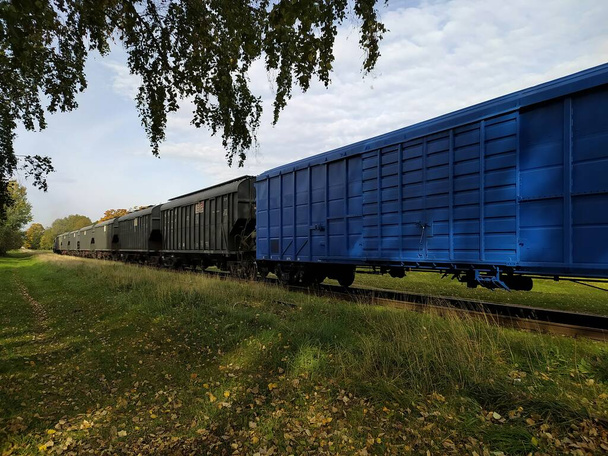 Λεττονία, Ρίγα, 05.10.2021. Μια ατμομηχανή με άμαξες για τη μεταφορά σιτηρών κινείται μέσα από την περιοχή Bolderaja της Ρίγας. - Φωτογραφία, εικόνα