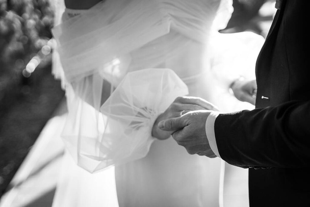 beautiful couple holding hands, monochrome photo - Photo, Image