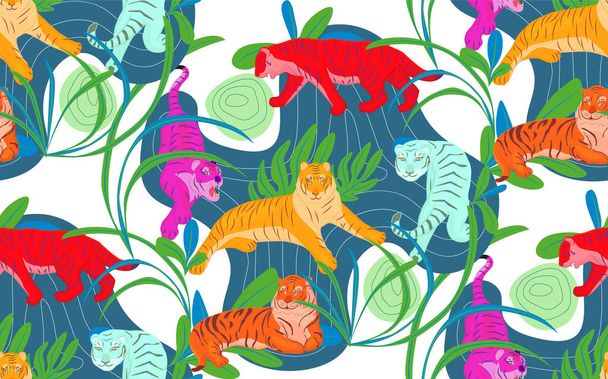 Patrón con tigres multicolores y hojas. Dibujos animados ilustración. Conjunto de ilustraciones de tigres rojos en varias poses de pie, sentado, acostado, haciendo señas - Vector, Imagen