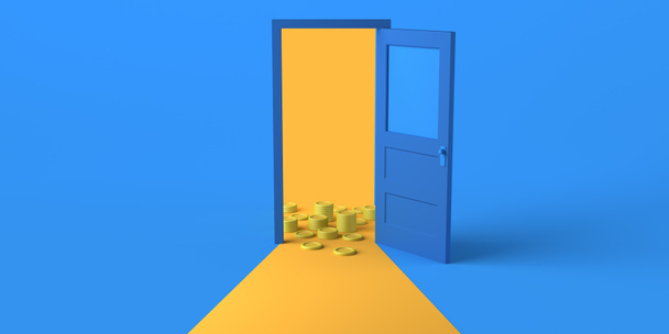 Ανοιχτή πόρτα με πολλά νομίσματα. Αντιγραφή χώρου. 3D απεικόνιση. - Φωτογραφία, εικόνα