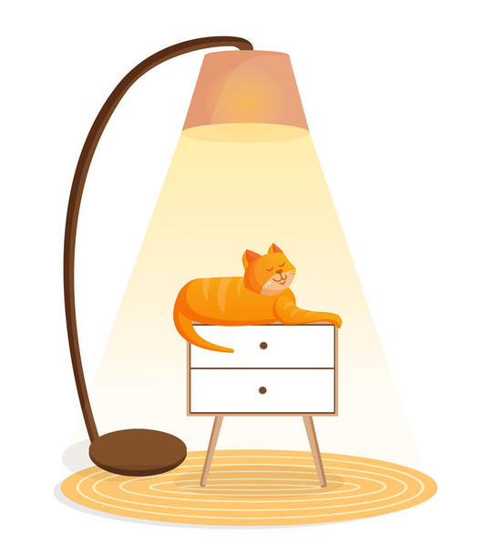 Lindo gato de jengibre se sienta en una cómoda debajo de una lámpara. Salón interior con animal. Ilustración vectorial de una habitación sin personas - Vector, Imagen