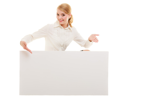 Ad. Businesswoman showing blank copy space banner - Foto, immagini