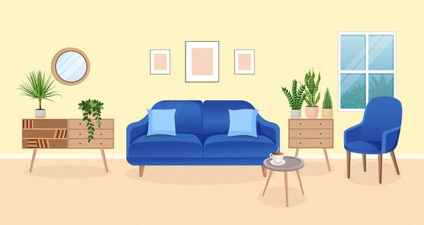 Moderno interior sala de estar com móveis e plantas da casa. Projeto de um quarto acolhedor com um sofá e itens de decoração de casa. Casa de banho. Ilustração em estilo plano vetorial - Vetor, Imagem