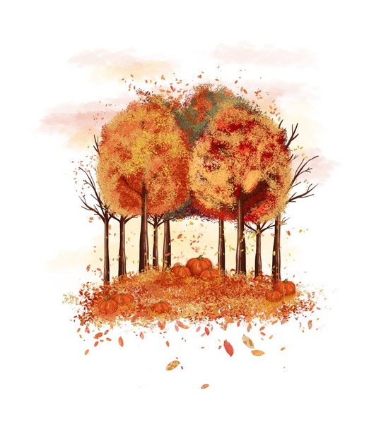 Paisaje otoñal con naranjos, hojas caídas y calabazas. Octubre naturaleza, ciudades, parques para pancartas, postales, textiles - Foto, Imagen