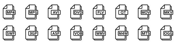Formatos de archivo de vídeo. Conjunto de iconos lineales de diferentes formatos de vídeo. Iconos de archivos de vídeo. Ilustración vectorial. - Vector, imagen