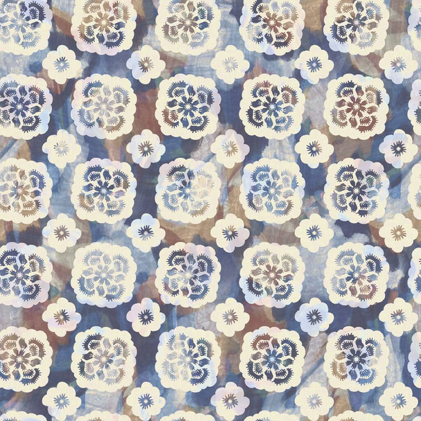 Koruton ranskalainen harmaa kukka painettu kangas. Saumaton eurooppalainen tyyli pehmeä sisustus tekstiili kuvio. Batik kaikkialla digitaalinen kukka tulostaa vaikutus. Variegated sininen koriste kangas. Laadukas rasteri jpg - Valokuva, kuva