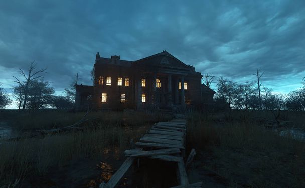 Ominously dilapidated and abandoned mansion with illuminated interior lighting at dusk under a cloudy sky. 3D rendering. - Photo, Image
