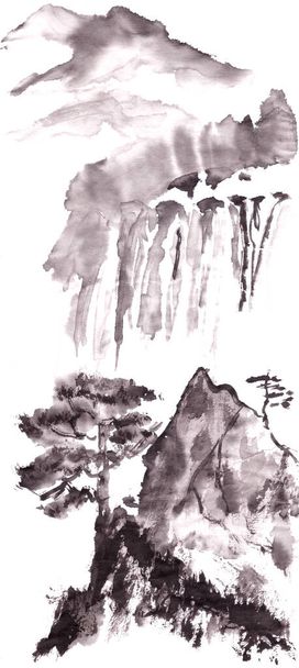 Mountain landscape with waterfall and pine trees in chinese style ink drawing - Photo, Image