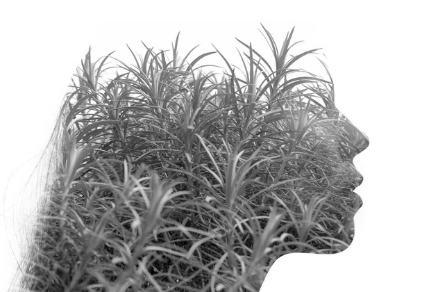 Profile portrait of a woman in a double exposure technique. Dissolving into nature - Foto, Imagen