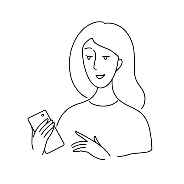 Lineaire tekening, een vrouw met een telefoon. de persoon kijkt naar de telefoon en raakt aan  - Vector, afbeelding