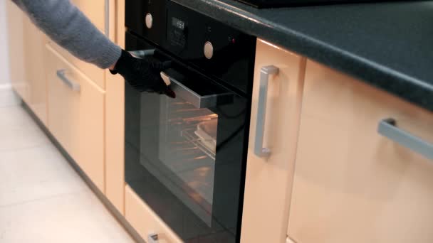 Meisje kok bakt sappige vis biefstuk in een elektrische oven in de keuken - Video