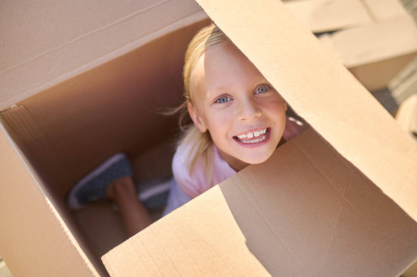 Joyful girl hiding in big box on street - 写真・画像