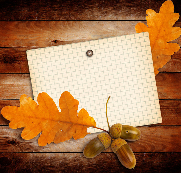 Old grunge paper with autumn oak leaves and acorns on the wooden - Photo, image