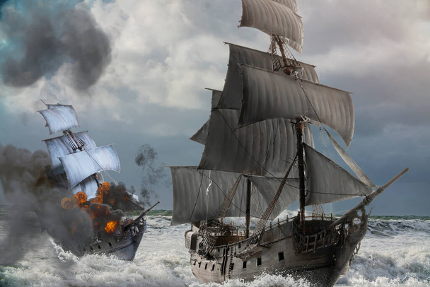 Oldtimer-Pirat segelt Kampfschiff bei Seeschlacht - Foto, Bild