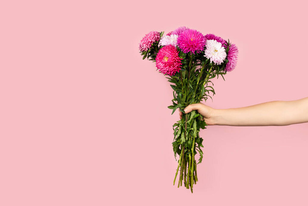 Un gran ramo de hermosas aster rosadas y blancas en mano aisladas sobre fondo rosa. Ramo de flores de otoño. Banner con espacio de copia. Los monstruos simbolizan el amor, la sabiduría y la fe. - Foto, imagen