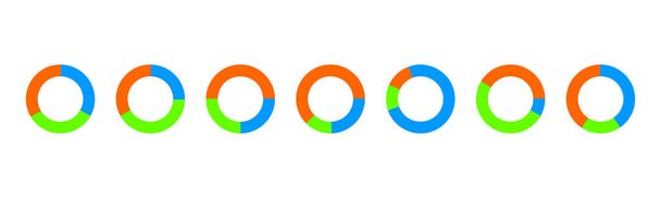 Exemplos de gráficos Donut. Diagramas de círculo divididos em 3 seções de cores diferentes. Torta de infográfico simples ou modelos de roda. Formas redondas cortadas em três partes - Vetor, Imagem