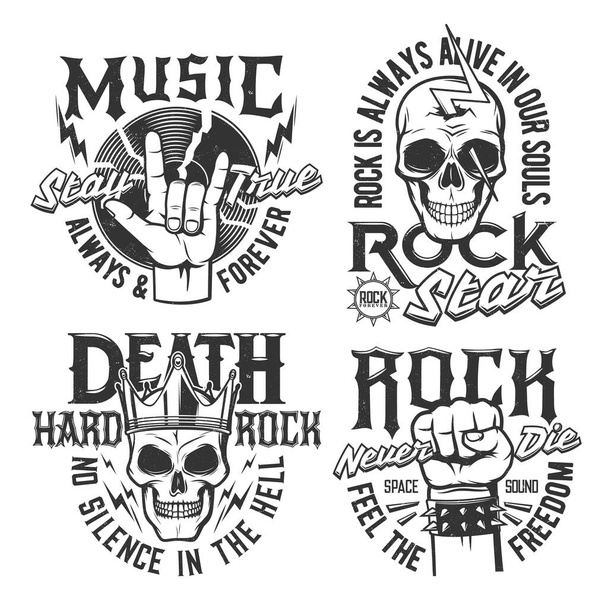 Hard rock skull t-shirt prints, rock music concert vector icons and badges. Hard rock music festival and rocker club emblems with skull in crown, fist and vinyl disc, thunderbolt lighting and slogans - Διάνυσμα, εικόνα