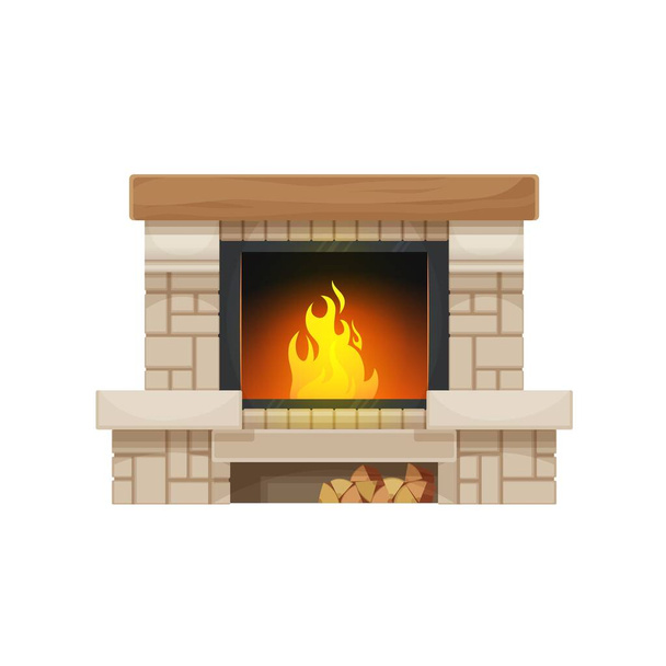 薪の暖炉や囲炉裏絶縁ベクトルアイコンを燃焼。薪ログと石やレンガの家の暖炉や燃える火、木製のマンテルやマンテルや薪ストレージ棚とストーブ - ベクター画像