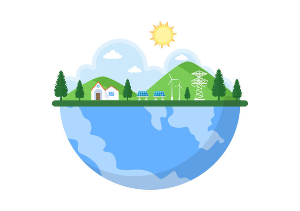 Ekologické udržitelné dodávky energie Pozadí Vektor ploché ilustrace Budovy elektráren se solárními panely, plynem, geotermálními, obnovitelnými, vodními a větrnými turbínami - Vektor, obrázek
